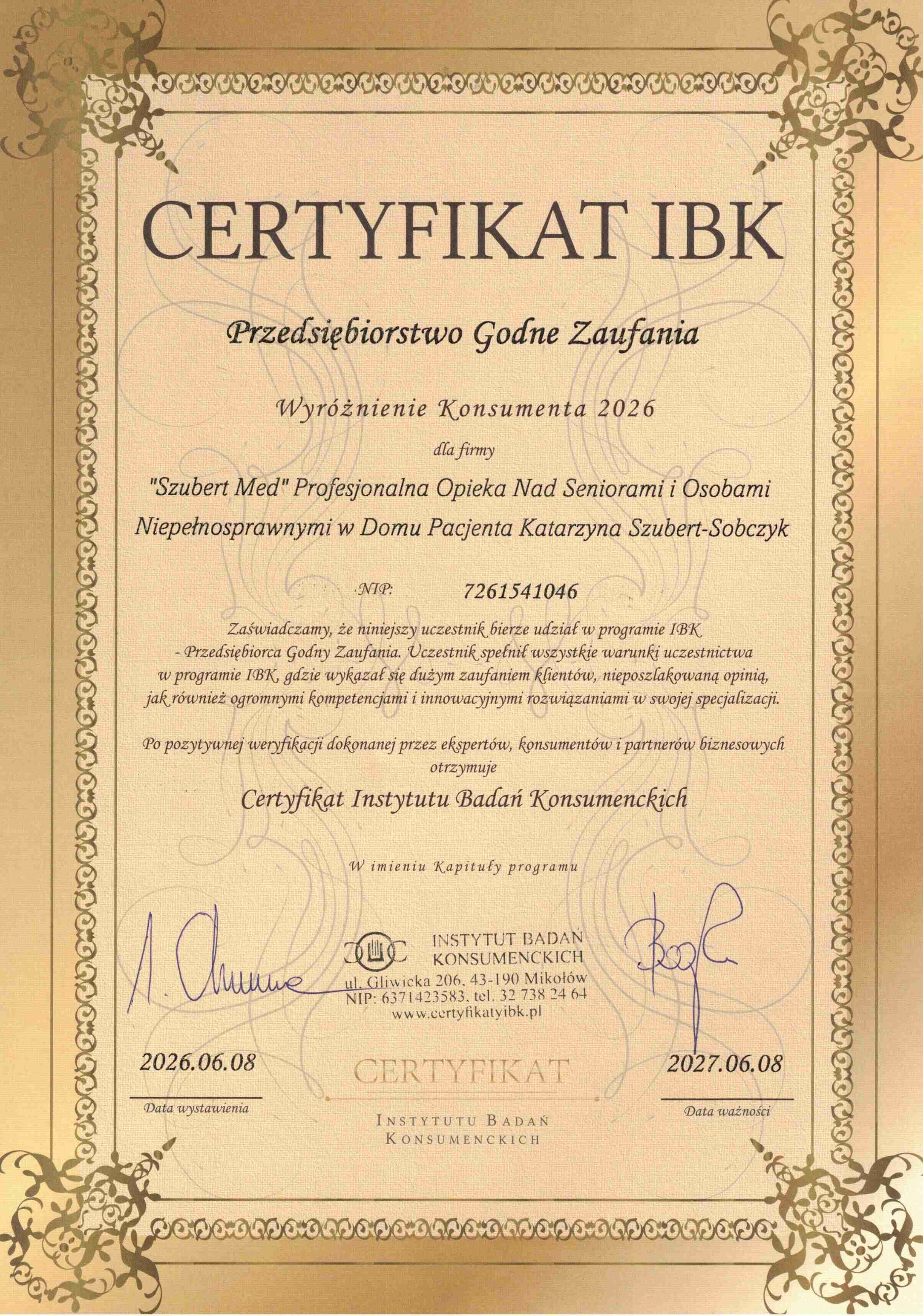 Szubert-Med z Certyfikatem IBK - Przedsiębiorstwo Godne Zaufania